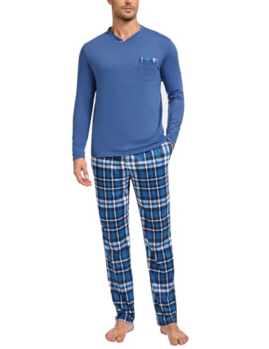 Leversic Schlafanzug Herren Lang Baumwolle mit V-Ausschnitt und Lange Karierte Pyjamahose, Loungewear Sleepwear Pyjama Herren Langarm S-3XL, 271-Saphir, L von Leversic