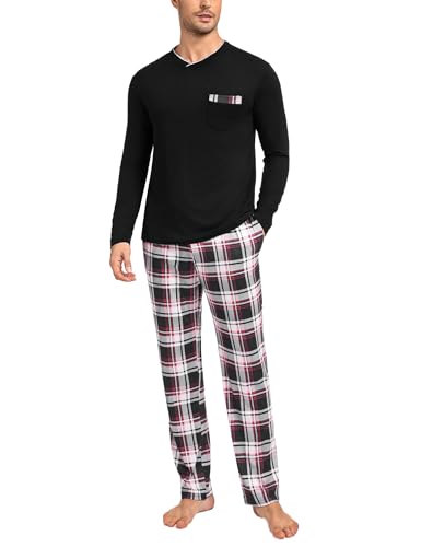 Leversic Schlafanzug Herren Lang Baumwolle mit V-Ausschnitt und Lange Karierte Pyjamahose, Loungewear Sleepwear Pyjama Herren Langarm S-3XL, 271-Schwarz, XXL von Leversic