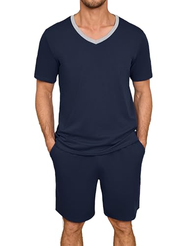Leversic Zweiteiliger Schlafanzug Herren Kurz Baumwolle mit Karierter V-Ausschnitt, Shorty Pyjama Herren Set Sommer Nachtwäsche Pajamas for Männer, 223-Dunkelblau, M von Leversic