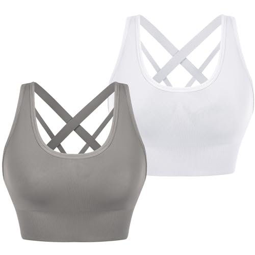 Leversic Sport BH Damen Push up, Sports Bra Ohne Bügel Sport BH Rückenfrei, mit Breiten Trägern für Besseren Halt und Unterstützung, 314-2PCS-Weiß+Grau, L von Leversic