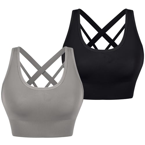 Leversic Sport BH Damen Push up, Sports Bra Ohne Bügel Sport BH Rückenfrei, mit Breiten Trägern für Besseren Halt und Unterstützung, 314-2PCSSchwarz+Grau, L von Leversic