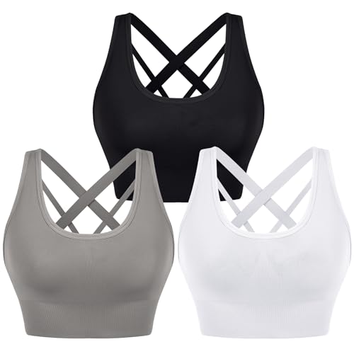 Leversic Sport BH Damen Push up, Sports Bra Ohne Bügel Sport BH Rückenfrei, mit Breiten Trägern für Besseren Halt und Unterstützung, 314-3PCS-Schwarz+Weiß+Grau, L von Leversic