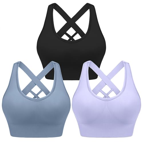 Leversic Sport BH Damen Push up, Sports Bra Ohne Bügel Sport BH Rückenfrei, mit Breiten Trägern für Besseren Halt und Unterstützung, 3PCS-Schwarz+Dunkelblau+helles Lila, M von Leversic