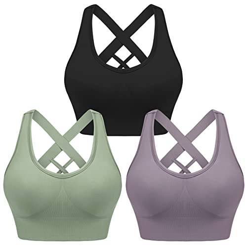 Leversic Sport BH Damen Push up, Sports Bra Ohne Bügel Sport BH Rückenfrei, mit Breiten Trägern für Besseren Halt und Unterstützung, 3PCS-Schwarz+Grün+Violett, M von Leversic