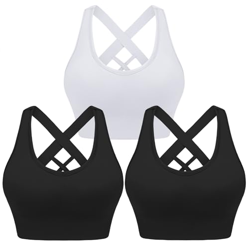 Leversic Sport BH Damen Push up, Sports Bra Ohne Bügel Sport BH Rückenfrei, mit Breiten Trägern für Besseren Halt und Unterstützung, 3PCS-Schwarz+Schwarz+Weiß, L von Leversic