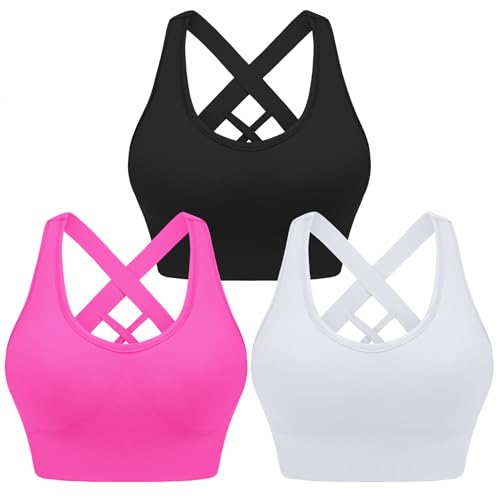 Leversic Sport BH Damen Push up, Sports Bra Ohne Bügel Sport BH Rückenfrei, mit Breiten Trägern für Besseren Halt und Unterstützung, 3PCS-Schwarz+Weiß+Rosarot, L von Leversic