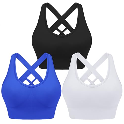 Leversic Sport BH Damen Push up, Sports Bra Ohne Bügel Sport BH Rückenfrei, mit Breiten Trägern für Besseren Halt und Unterstützung, 3PCS-Schwarz+Weiß+Saphir, M von Leversic