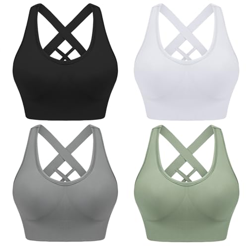 Leversic Sport BH Damen Push up, Sports Bra Ohne Bügel Sport BH Rückenfrei, mit Breiten Trägern für Besseren Halt und Unterstützung, 4PCS-Schwarz+Weiß+Grau+Grün, M von Leversic