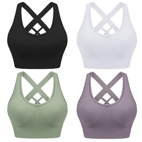 Leversic Sport BH Damen Push up, Sports Bra Ohne Bügel Sport BH Rückenfrei, mit Breiten Trägern für Besseren Halt und Unterstützung, 4PCS-Schwarz+Weiß+Violett+Grün, M von Leversic