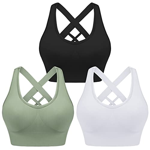 Leversic Sport BH Damen Push up, Sports Bra Ohne Bügel Sport BH Rückenfrei, mit Breiten Trägern für Besseren Halt und Unterstützung, 3PCS-Schwarz+Grün+Weiß, S von Leversic