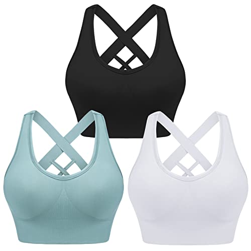 Leversic Sport BH Damen Push up, Sports Bra Ohne Bügel Sport BH Rückenfrei, mit Breiten Trägern für Besseren Halt und Unterstützung, 3PCS-Schwarz+Weiß+Blau, L von Leversic