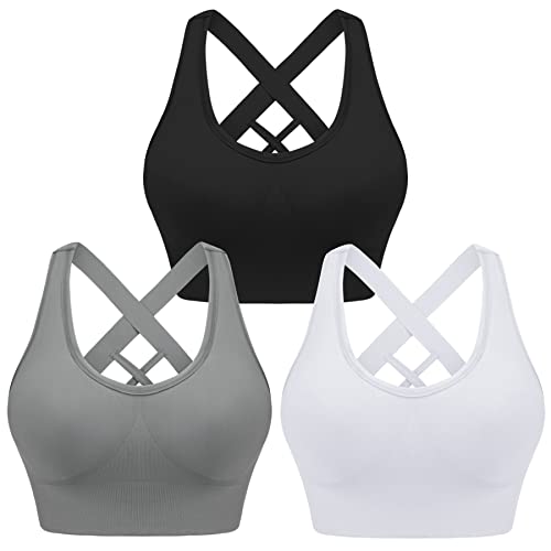 Leversic Sport BH Damen Push up, Sports Bra Ohne Bügel Sport BH Rückenfrei, mit Breiten Trägern für Besseren Halt und Unterstützung, 3PCS-Schwarz+Weiß+Grau, L von Leversic