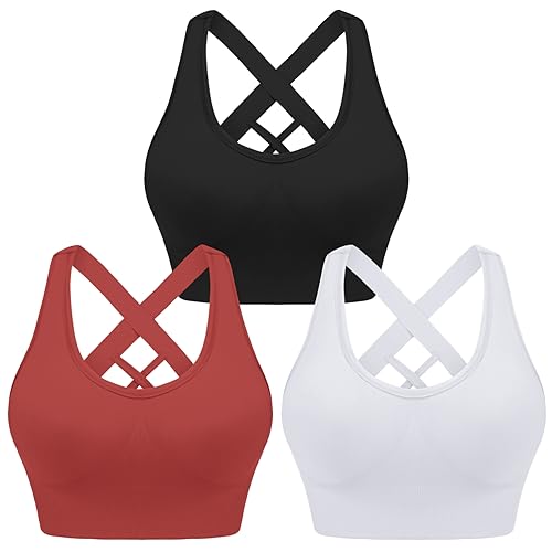 Leversic Sport BH Damen Push up, Sports Bra Ohne Bügel Sport BH Rückenfrei, mit Breiten Trägern für Besseren Halt und Unterstützung, 3PCS-Schwarz+Weiß+Rot, XL von Leversic