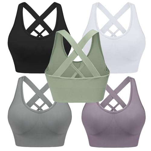 Leversic Sport BH Damen Push up, Sports Bra Ohne Bügel Sport BH Rückenfrei, mit Breiten Trägern für Besseren Halt und Unterstützung, 5PCS-Schwarz+Weiß+Grün+Grau+Violett, M von Leversic