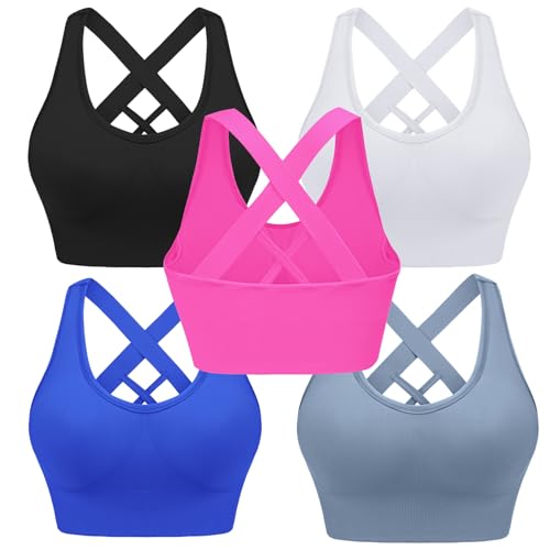 Leversic Sport BH Damen Push up, Sports Bra Ohne Bügel Sport BH Rückenfrei, mit Breiten Trägern für Besseren Halt und Unterstützung, 5PCS-Schwarz+Weiß+Saphir+Blau+Rosarot, M von Leversic