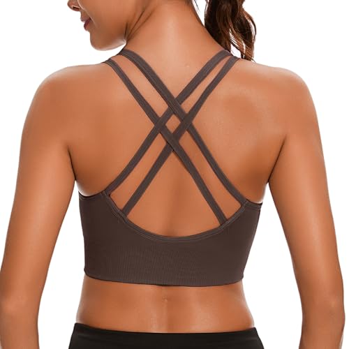 Leversic Sport BH Push up Cross Back Design Bustier Damen mit Gepolstert Ohne Bügel Damen-BHS mittelstarkem für Fitness Lauf Joggen, 1pc-Braun, L von Leversic