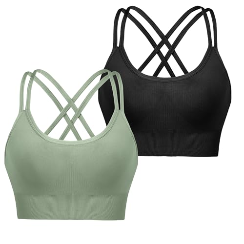 Leversic Sport BH Push up Cross Back Design Bustier Damen mit Gepolstert Ohne Bügel Damen-BHS mittelstarkem für Fitness Lauf Joggen, 2pcs-Schwarz+Grün, L von Leversic