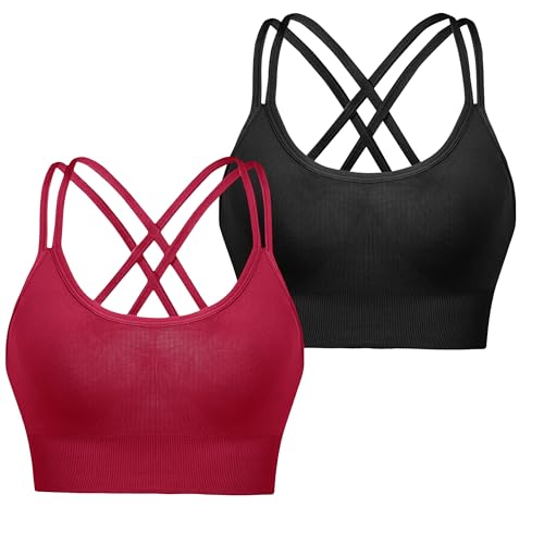 Leversic Sport BH Push up Cross Back Design Bustier Damen mit Gepolstert Ohne Bügel Damen-BHS mittelstarkem für Fitness Lauf Joggen, 2pcs-Schwarz+Weinrot (315), M von Leversic
