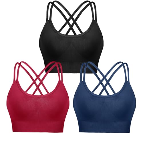 Leversic Sport BH Push up Cross Back Design Bustier Damen mit Gepolstert Ohne Bügel Damen-BHS mittelstarkem für Fitness Lauf Joggen, 3pcs-Schwarz+Dunkelblau+Weinrot (315), S von Leversic