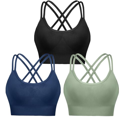 Leversic Sport BH Push up Cross Back Design Bustier Damen mit Gepolstert Ohne Bügel Damen-BHS mittelstarkem für Fitness Lauf Joggen, 3pcs-Schwarz+Grün+Dunkelblau (315), S von Leversic