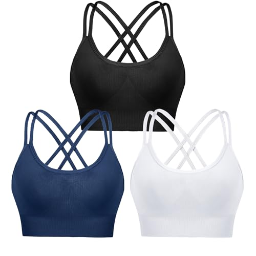 Leversic Sport BH Push up Cross Back Design Bustier Damen mit Gepolstert Ohne Bügel Damen-BHS mittelstarkem für Fitness Lauf Joggen, 3pcs-Schwarz+Weiß+Dunkelblau (315), M von Leversic