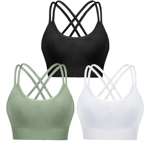 Leversic Sport BH Push up Cross Back Design Bustier Damen mit Gepolstert Ohne Bügel Damen-BHS mittelstarkem für Fitness Lauf Joggen, 3pcs-Schwarz+Weiß+Grün, L von Leversic