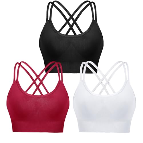 Leversic Sport BH Push up Cross Back Design Bustier Damen mit Gepolstert Ohne Bügel Damen-BHS mittelstarkem für Fitness Lauf Joggen, 3pcs-Schwarz+Weiß+Weinrot(315), L von Leversic