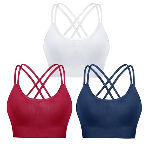 Leversic Sport BH Push up Cross Back Design Bustier Damen mit Gepolstert Ohne Bügel Damen-BHS mittelstarkem für Fitness Lauf Joggen, 3pcs-Weiß+Dunkelblau+Weinrot (315), L von Leversic