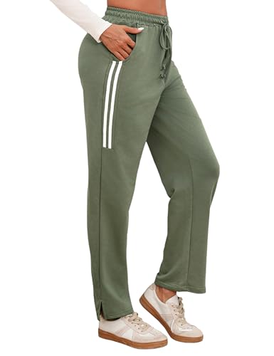 Leversic Sporthose Damen Lang, Jogginghose Damen Gerade Hosen Freizeithose High Waist Sweatpants Trainingshose mit Streifen für Fitness Yoga Gym, 687-Grün, S von Leversic