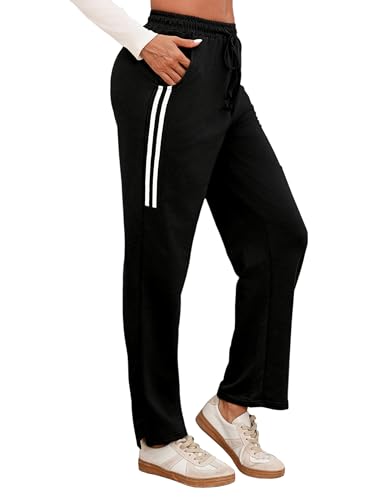 Leversic Sporthose Damen Lang, Jogginghose Damen Gerade Hosen Freizeithose High Waist Sweatpants Trainingshose mit Streifen für Fitness Yoga Gym, 687-Schwarz, S von Leversic