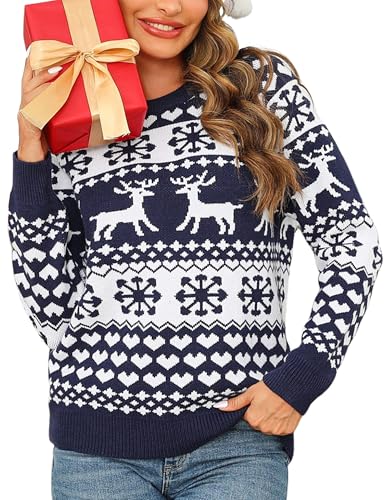 Leversic Weihnachtspullover Damen Christmas Pullover Strickpulli mit Rentiermuster und Schneeflocke, Christmas Sweater Rundhals für Winter Festlich, Navy Blau, XL von Leversic