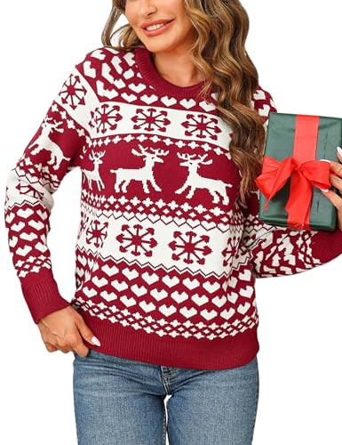 Leversic Weihnachtspullover Damen Christmas Pullover Strickpulli mit Rentiermuster und Schneeflocke, Christmas Sweater Rundhals für Winter Festlich, Rot, XL von Leversic
