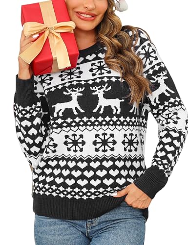 Leversic Weihnachtspullover Damen Christmas Pullover Strickpulli mit Rentiermuster und Schneeflocke, Christmas Sweater Rundhals für Winter Festlich, Schwarz, S von Leversic