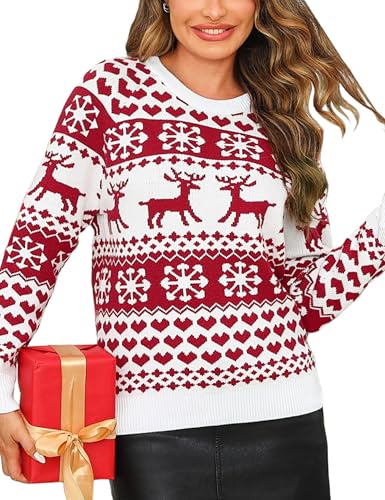Leversic Weihnachtspullover Damen Christmas Pullover Strickpulli mit Rentiermuster und Schneeflocke, Christmas Sweater Rundhals für Winter Festlich, Weiß, XL von Leversic