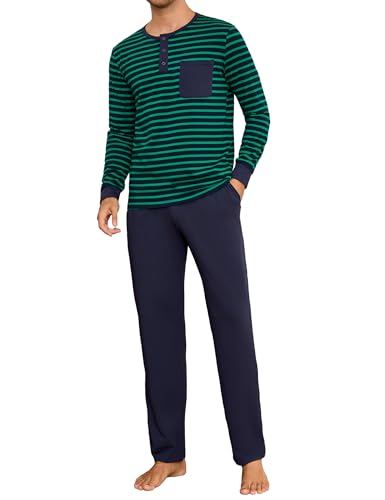 Leversic Zweiteiliger' Pyjamaset Schlafanzug Herren Lang Rundhals aus Baumwolle Modisches Farbblockstreifen-Design, Pyjama Herren Lang mit Tasche, 253-DBG, L von Leversic