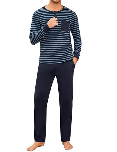 Leversic Zweiteiliger' Pyjamaset Schlafanzug Herren Lang Rundhals aus Baumwolle Modisches Farbblockstreifen-Design, Pyjama Herren Lang mit Tasche, 253-DSB, XL von Leversic