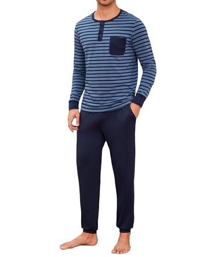 Leversic Zweiteiliger' Pyjamaset Schlafanzug Herren Lang Rundhals aus Baumwolle Modisches Farbblockstreifen-Design, Pyjama Herren Lang mit Tasche, 721-Blau, XXL von Leversic