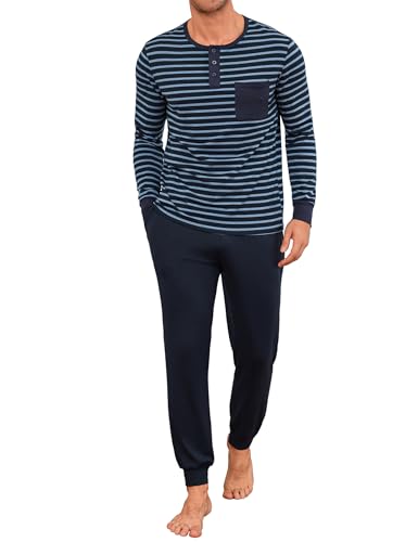 Leversic Zweiteiliger' Pyjamaset Schlafanzug Herren Lang Rundhals aus Baumwolle Modisches Farbblockstreifen-Design, Pyjama Herren Lang mit Tasche, 721-Blaue Streifen, M von Leversic
