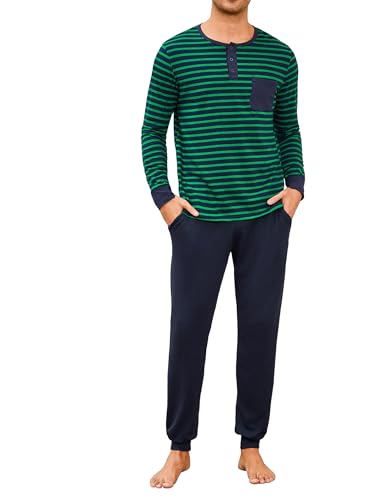 Leversic Zweiteiliger' Pyjamaset Schlafanzug Herren Lang Rundhals aus Baumwolle Modisches Farbblockstreifen-Design, Pyjama Herren Lang mit Tasche, 721-Grüne Streifen, 3XL von Leversic