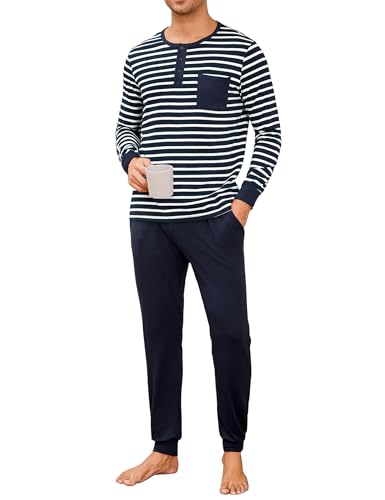 Leversic Zweiteiliger' Pyjamaset Schlafanzug Herren Lang Rundhals aus Baumwolle Modisches Farbblockstreifen-Design, Pyjama Herren Lang mit Tasche, 721-Navy blau, 3XL von Leversic