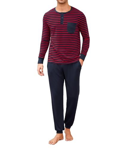 Leversic Zweiteiliger' Pyjamaset Schlafanzug Herren Lang Rundhals aus Baumwolle Modisches Farbblockstreifen-Design, Pyjama Herren Lang mit Tasche, 721-Rot, XL von Leversic