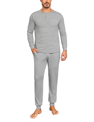 Leversic Zweiteiliger' Pyjamaset Schlafanzug Herren Lang Rundhals aus Baumwolle Modisches Farbblockstreifen-Design, Pyjama Herren Lang mit Tasche, 721-hellgrau, M von Leversic