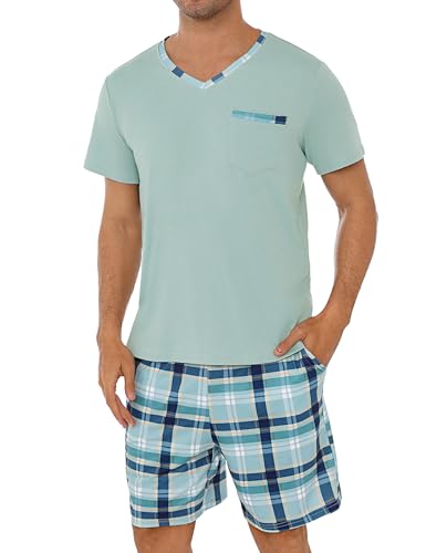 Leversic Zweiteiliger Schlafanzug Herren Kurz Baumwolle mit Karierter V-Ausschnitt, Shorty Pyjama Herren Set Sommer Nachtwäsche Pajamas for Männer, 287-Blaugrün, XXL von Leversic