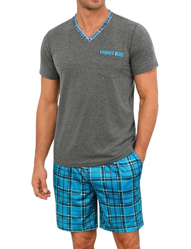 Leversic Zweiteiliger Schlafanzug Herren Kurz Baumwolle mit Karierter V-Ausschnitt, Shorty Pyjama Herren Set Sommer Nachtwäsche Pajamas for Männer, 287-Dunkelgrau, S von Leversic