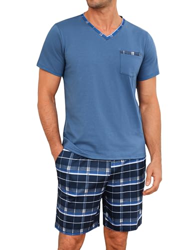 Leversic Zweiteiliger Schlafanzug Herren Kurz Baumwolle mit Karierter V-Ausschnitt, Shorty Pyjama Herren Set Sommer Nachtwäsche Pajamas for Männer, 287-Graublau, XXL von Leversic