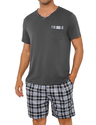 Leversic Zweiteiliger Schlafanzug Herren Kurz Baumwolle mit Karierter V-Ausschnitt, Shorty Pyjama Herren Set Sommer Nachtwäsche Pajamas for Männer, 308-Dunkelgrau, M von Leversic