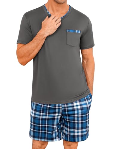 Leversic Zweiteiliger Schlafanzug Herren Kurz Baumwolle mit Karierter V-Ausschnitt, Shorty Pyjama Herren Set Sommer Nachtwäsche Pajamas for Männer, 308-Dunkelgrau + Blau, XL von Leversic
