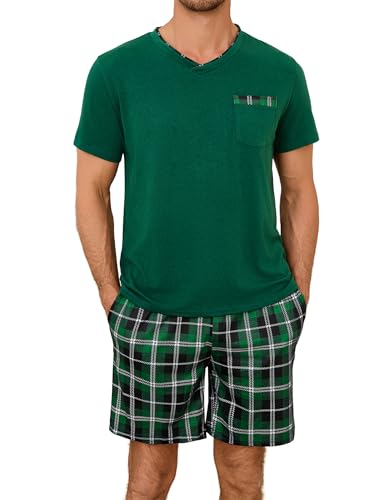 Leversic Zweiteiliger Schlafanzug Herren Kurz Baumwolle mit Karierter V-Ausschnitt, Shorty Pyjama Herren Set Sommer Nachtwäsche Pajamas for Männer, 308-Grün, M von Leversic