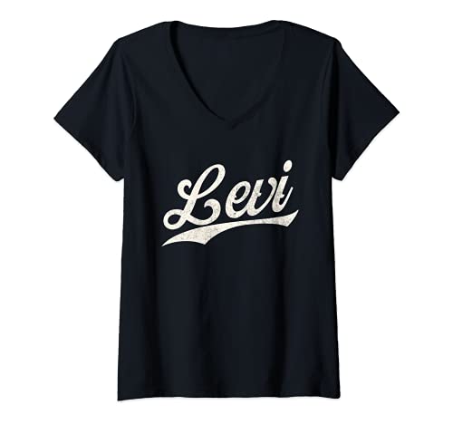 Damen Levi Name, Retro Vintage Levi Vorname Distressed T-Shirt mit V-Ausschnitt von Levi First Name Cursive Script Designs