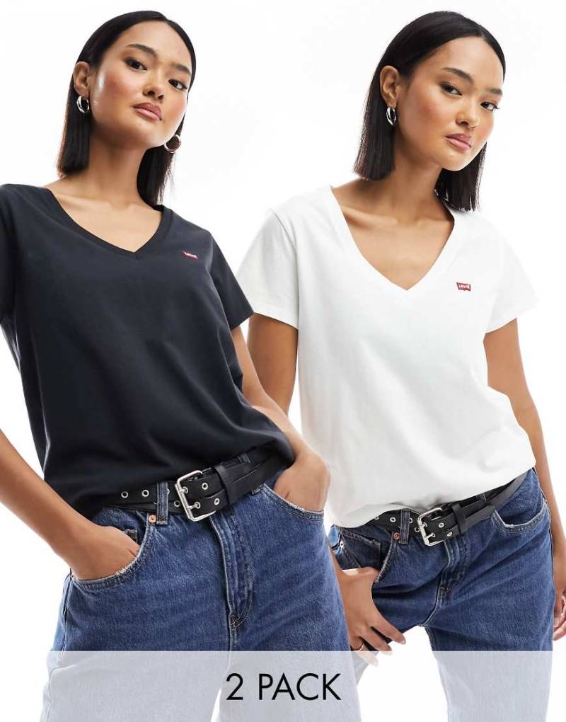 Levi's - 2er-Pack T-Shirts in Weiß und Schwarz mit V-Ausschnitt und kleinem Logo von Levi's